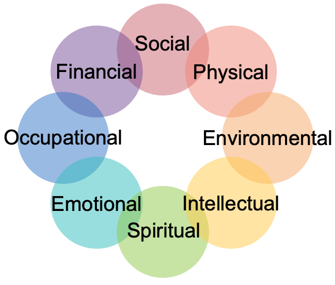 Wellness wheel consisting of emotional, physical, occupational, social, spiritual, intellectual, environmental, and financial.